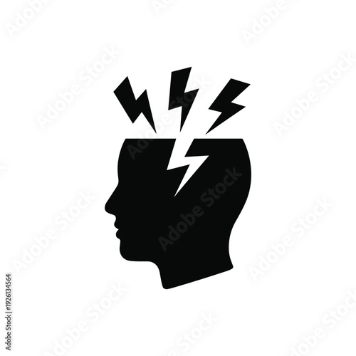 Head Silhouette With Lightning Bolts Symbolizing Stress and Idea Generation Stock Icon