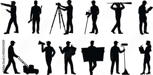 Construction worker silhouettes, project management tools, surveying equipment illustration, blueprint and clipboard art, industrial workforce concept, diverse professional roles design