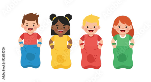 Four happy diverse children, two boys and two girls, smiling and participating in a fun sack race activity.