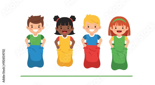 Four happy diverse children in colorful sacks ready for a fun sack race game.