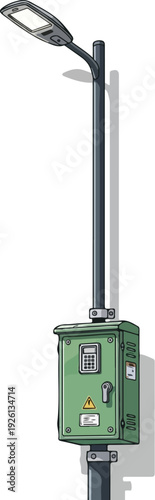 Green street light control box on a pole