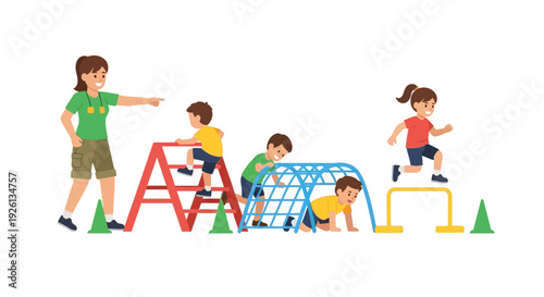 A female instructor supervises young children as they navigate an outdoor obstacle course, featuring climbing structures and hurdles, promoting physical activity and play.
