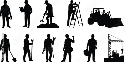 Construction worker silhouettes, toolbox and clipboard illustration, jackhammer and shovel art, ladder and bulldozer design, workforce diversity representation