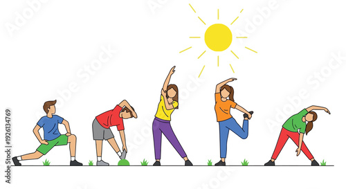 Diverse group of people stretching and exercising outdoors under the sun, promoting health and fitness.