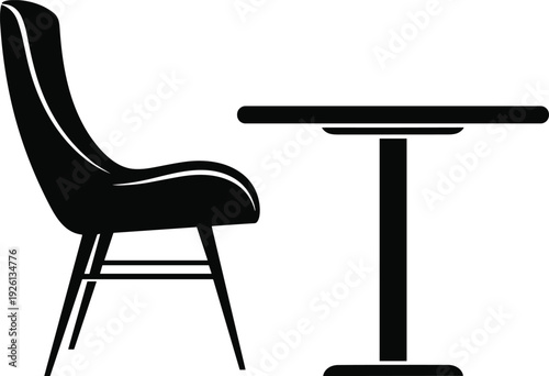 Chair and table silhouette vector illustration, modern furniture icon, minimal dining seating symbol, black interior design graphic isolated element