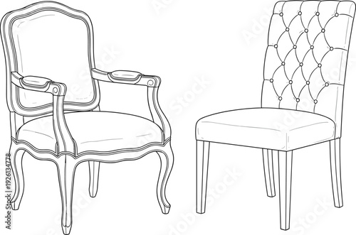 Classic and modern upholstered chair line art vector illustration, elegant furniture outline drawing, vintage interior seating design isolated sketch set