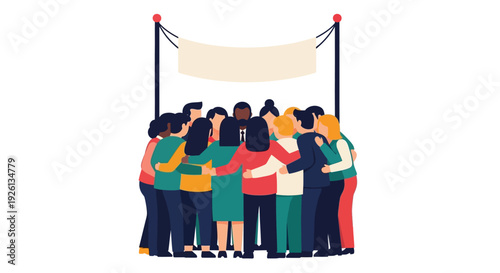 A diverse group of people embracing in a circle under a blank banner, symbolizing unity, community, and support.