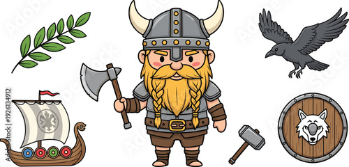 Cute Viking warrior character set vector illustration, Norse mythology elements, cartoon Scandinavian warrior, raven ship shield axe fantasy clipart bundle
