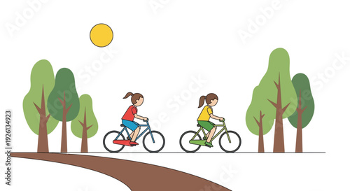 Two cartoon girls riding bicycles on a sunny path with green trees in a park setting illustration.