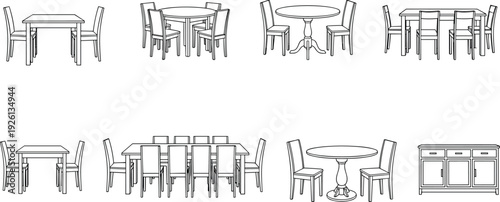 Dining table and chair set line art vector illustration, furniture outline collection, kitchen interior design sketch isolated modern furniture bundle