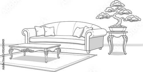 Elegant classic living room line art illustration with sofa coffee table bonsai and vintage furniture, refined interior design outline composition scene