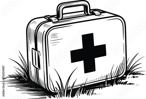 First Aid Kit on Grass Medical Emergency Preparedness Essential Supplies Healthcare Stock Illustration