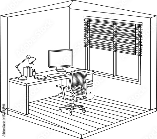 Home office workspace interior line art vector illustration, desk computer chair setup, modern room corner perspective outline design concept drawing