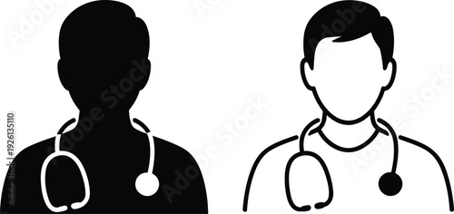 Doctor Icon Silhouette and Outline with Stethoscope Medical Symbol