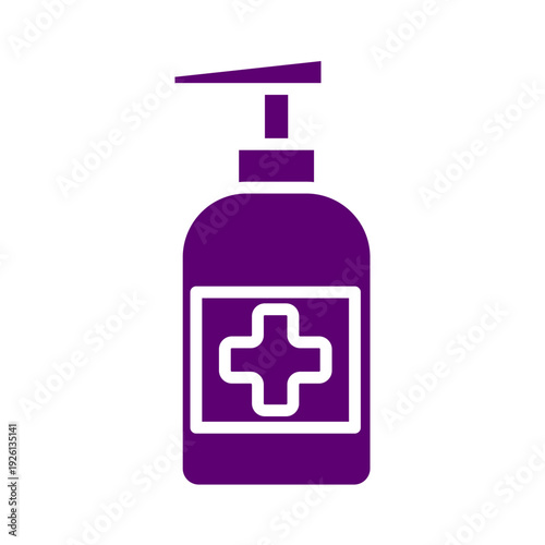 Purple dispenser bottle with a white cross symbol