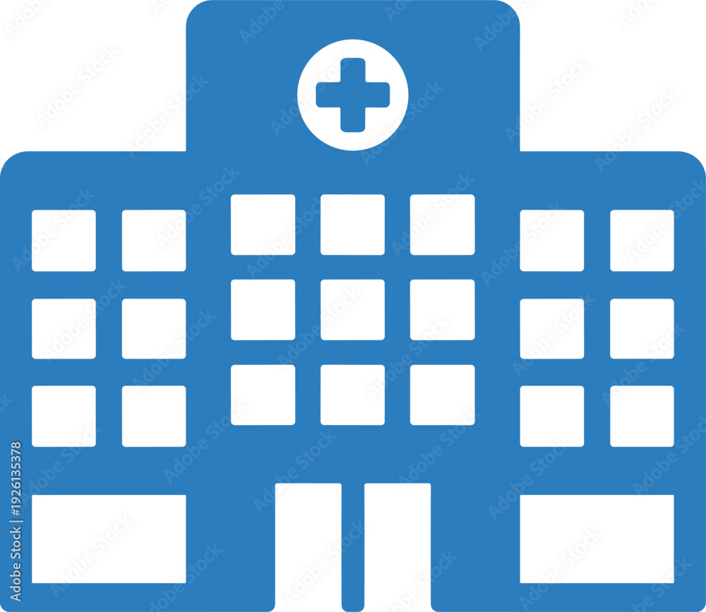 Obraz premium Blue Hospital Building Icon with Cross Symbol Medical Healthcare Facade Clean Vector Illustration