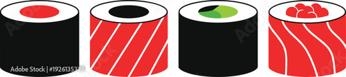 Set of four stylized sushi roll icons in red black and green colors representing maki and uramaki rolls for Japanese cuisine and restaurant branding.
