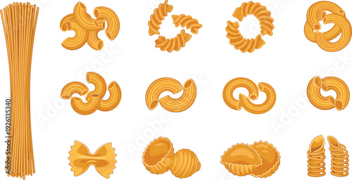 Pasta types collection vector illustration, Italian macaroni spaghetti fusilli farfalle ravioli shapes, food ingredient icons isolated flat design set bundle