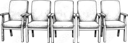 Row of upholstered chairs line art vector illustration, waiting room seating sketch, office furniture outline drawing, minimal interior design concept