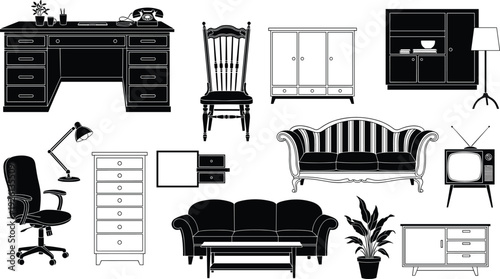 Vintage home furniture silhouette collection vector illustration with retro sofa desk chair cabinet television and decor elements interior design set bundle