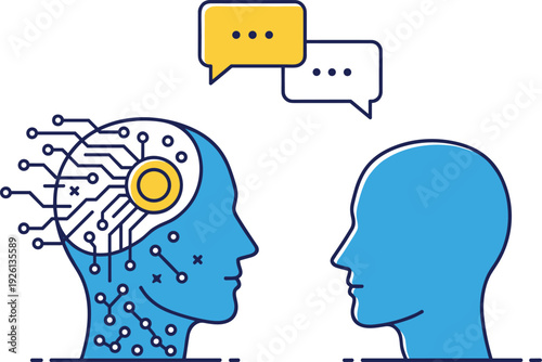 Artificial Intelligence and Human Communication Illustration with Digital Brain Circuits and Chat Bubbles Representing AI Assistant and Conversational Technology