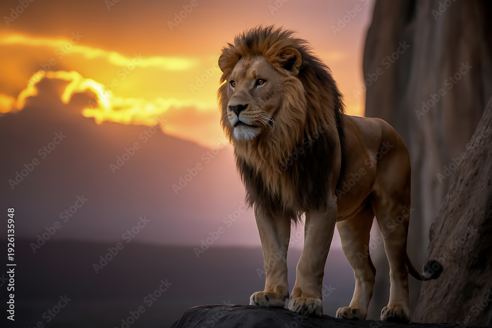 Obraz premium Majestic lion king standing on rock formation with a beautiful sunset