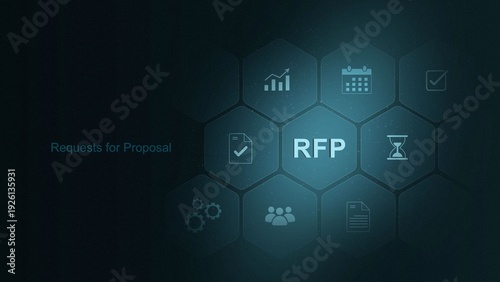 Bilde på lerret A points towards a digital interface displaying RFP (Request for Proposal) along with various icons representing business processes