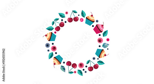 Sweet and fruity decorative circular frame featuring various cupcakes with cherries, fresh red cherries, blueberries, pink berries, and stylized teal leaves.