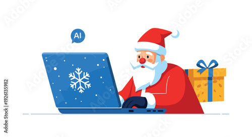 Santa Claus uses a festive laptop, powered by AI, to manage Christmas tasks, with a holiday gift box beside him.