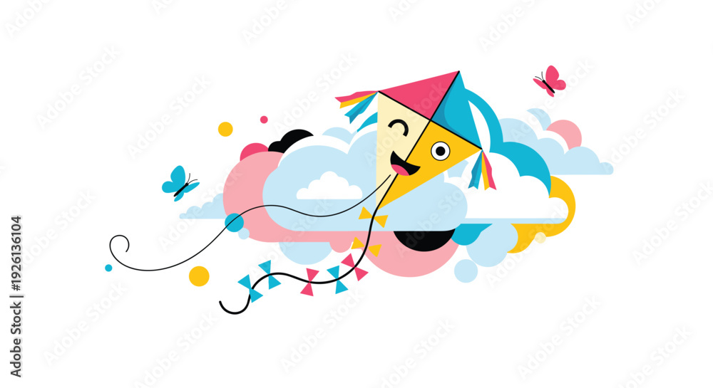 Fototapeta premium A cheerful, colorful kite with a smiling face flies happily among clouds and butterflies in a playful illustration.