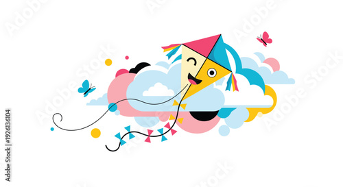 A cheerful, colorful kite with a smiling face flies happily among clouds and butterflies in a playful illustration.