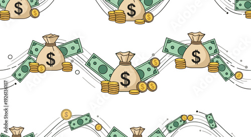 Seamless pattern of money bags, banknotes, and gold coins depicting finance, savings, investment, and economic flow.