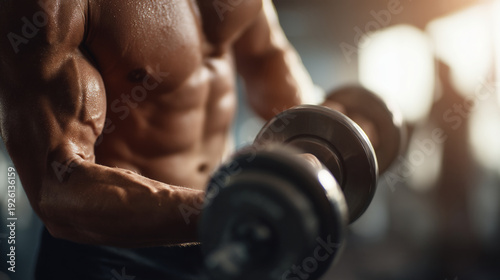 A muscular man with defined abs and biceps lifting a dumbbell in a gym