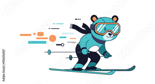 A vibrant illustration of a cute, teal cartoon bear skiing downhill, wearing goggles and a scarf, surrounded by dynamic speed lines.