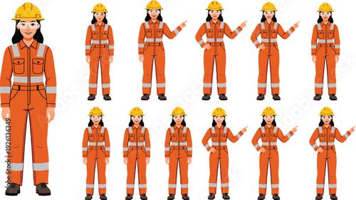 Female construction worker illustration, safety uniform art, hard hat design, occupational diversity concept, gesture and pose set, workforce representation