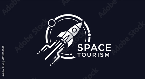 Minimalist space tourism logo vector featuring a rocket launching into orbit within a stylish circular frame, symbolizing interstellar travel and adventure.