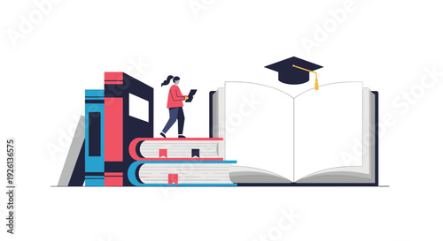 Educational concept illustration depicting a student walking on a stack of books, holding a laptop, next to a large open book and graduation cap, symbolizing learning and achievement.