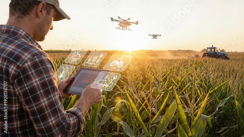 Wallpaper Mural Digital agriculture farmer uses tablet and sensor to monitor corn crop irrigation weather and drone survey with autonomous tractor harvest innovation Torontodigital.ca