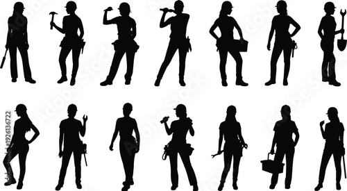 Female construction worker silhouettes set, women builders holding tools isolated black shadow figures collection for design