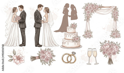 Watercolor Wedding Elements Set Bride Groom Cake Arch Rings