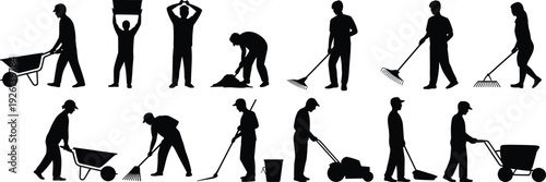 Gardening worker silhouettes, landscaping tools illustration, outdoor maintenance labor, lawn care concept art, groundskeeping design, diverse gardening professions representation