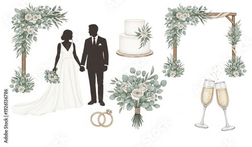 Minimal Watercolor Wedding Clipart Set with Botanical Elements