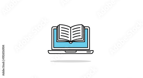 Modern educational illustration depicting an open book displayed on a laptop screen, symbolizing online learning, digital libraries, and virtual education resources.