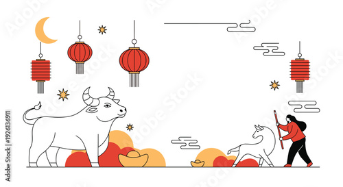 Lively Chinese New Year illustration depicting an ox, a person with a horse, traditional red lanterns, and gold ingots, symbolizing good luck and prosperity for the new year.