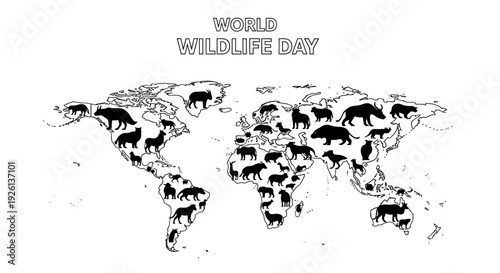 Black silhouette animals form a world map on World Wildlife Day, featuring various species in a flat lay design with a white background and a focus on wildlife conservation awareness.