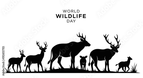 Black silhouette illustration of various animals including deer and a dog on World Wildlife Day with a simple design for conservation awareness.