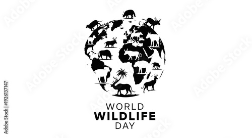 Black silhouette of various animals forming a globe with World Wildlife Day text on a white background, conveying awareness for wildlife conservation on March 3.