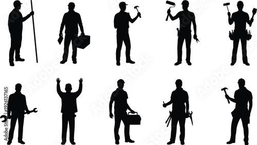 Handyman worker silhouettes collection, repair and maintenance professionals holding tools isolated black shadow figures set