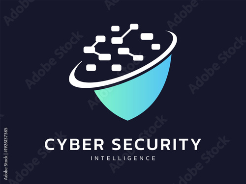 Cyber security data protection with curved network connecting overlapping in shield shapes vector illustration logo design concept representing network security, ui, AGI, AI, cloud technology, robot.