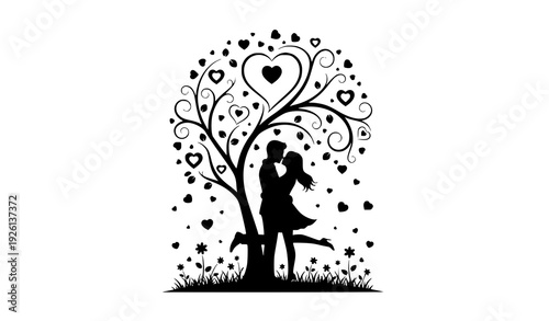 Love Couple Silhouette Under Heart Shaped Tree with Floral Elements Vector Isolated on White